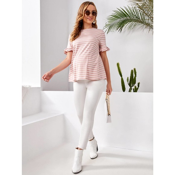 MATERNITY Flounce Short Sleeve Striped Tee shirt pink - Picture 5 of 5